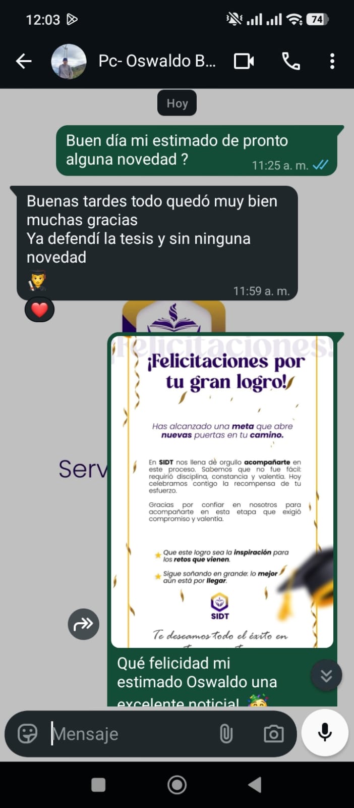 Captura de WhatsApp de un estudiante agradeciendo a SIDT