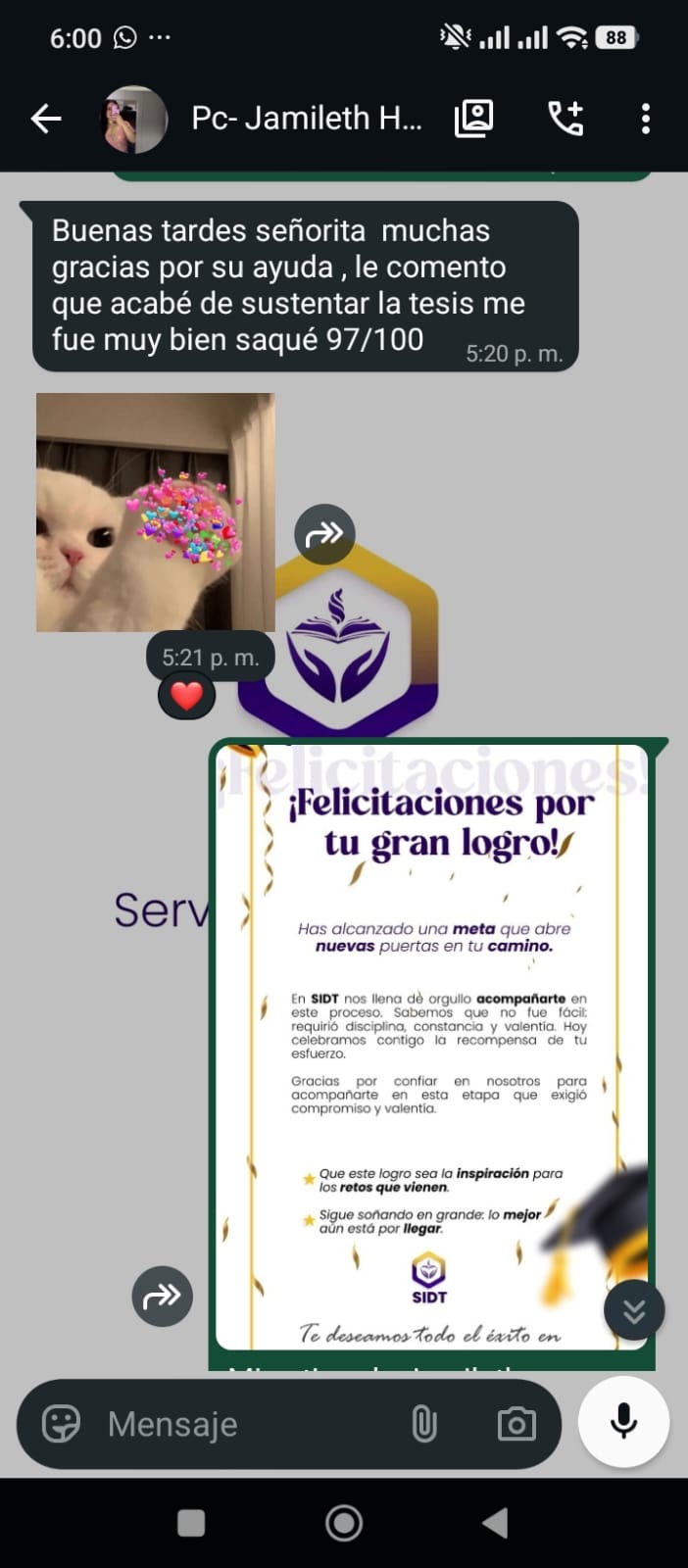 Captura de WhatsApp de un estudiante agradeciendo a SIDT