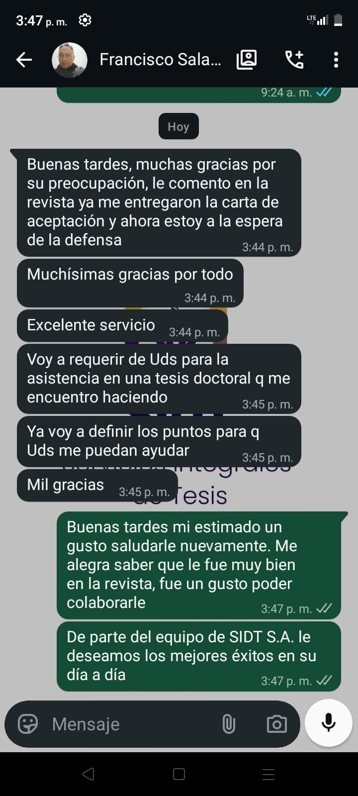 Captura de WhatsApp de un estudiante agradeciendo a SIDT