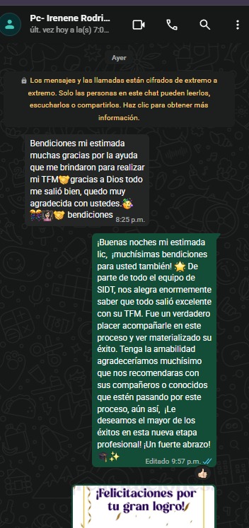 Captura de WhatsApp de un estudiante agradeciendo a SIDT