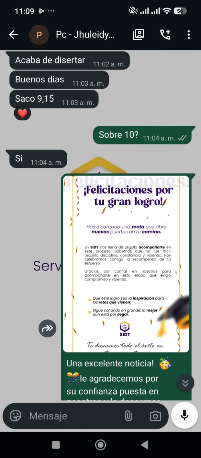 Captura de WhatsApp de un estudiante agradeciendo a SIDT