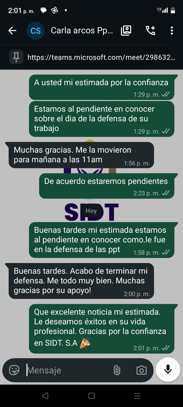 Captura de WhatsApp de un estudiante agradeciendo a SIDT