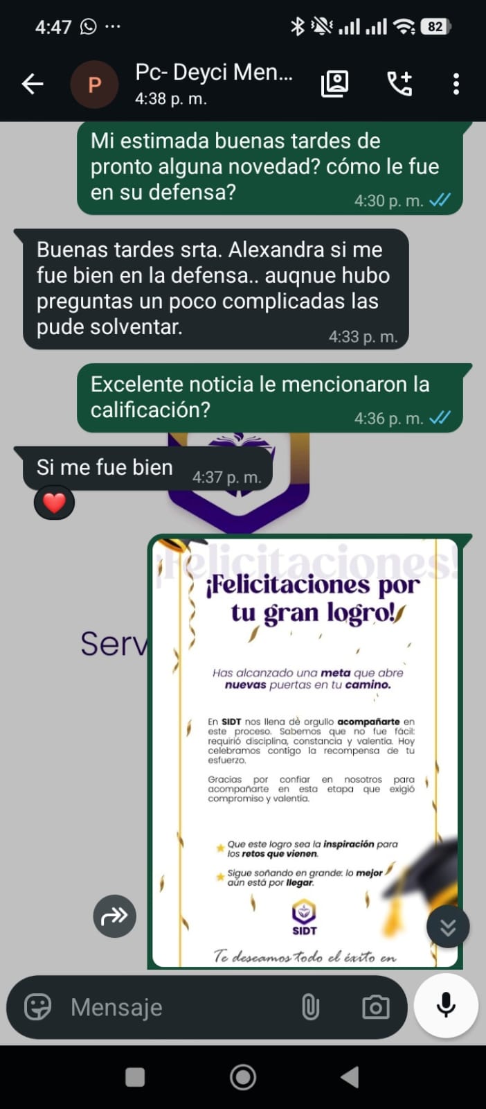 Captura de WhatsApp de un estudiante agradeciendo a SIDT